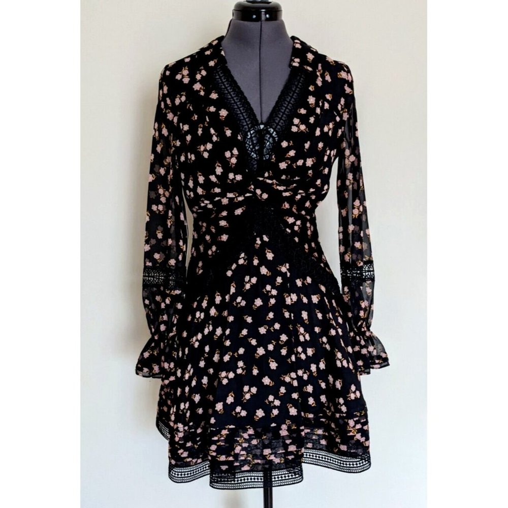 Self Portrait Twist Front Ditsy Mini Dress Floral Black Long Sleeve Size 8 BNWT - Picture 3 of 10